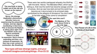 The Flower of Life in the
infinite of God itself!
There were two worlds overlapped whereby the Wolf lay
with the lamb. Hence, The Mandela Effect, which was
telling us, that now the world has become savage and full
of wolves. And we see how dark and evil the world has
become as it returns back to its primeval state,
symbolized by the allegory of dinosaurs! You don't want
to be here when it has come to completion!
The new Earth is being
pulled out of this old one,
known as the rapture!
Hence, the strange
duplication phenomena,
whereby many are
experiencing the presentation
of twins and two objects
manifesting in their lives.
This is because the Rapture
is taking place right now!
The Rebirth of the new
Heaven and Earth.
There is no limit
to expansion. God is forever
expanding and then, at a
moment of expansion, He
then has a new venture of
contraction, like Breathing!
2 Become 1 2 Become 1
You want this one!!!
The Mystery of The
Lord Jesus Christ is
the only way!
Your eyes will see strange sights, and your
mind will imagine confusing things.- Prov 23:33
0 1
Luke of Fire
Heaven
Luke of Fire
Home
 