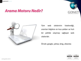 ARAMA MOT. 51/15Arama Motoru Nedir?Tüm web sitelerinin listelendiği, aranılan bilgilere en kısa yoldan ve hızlı bir şekilde ulaşmayı sağlayan web siteleridir. Örnek: google, yahoo, bing, altavista 