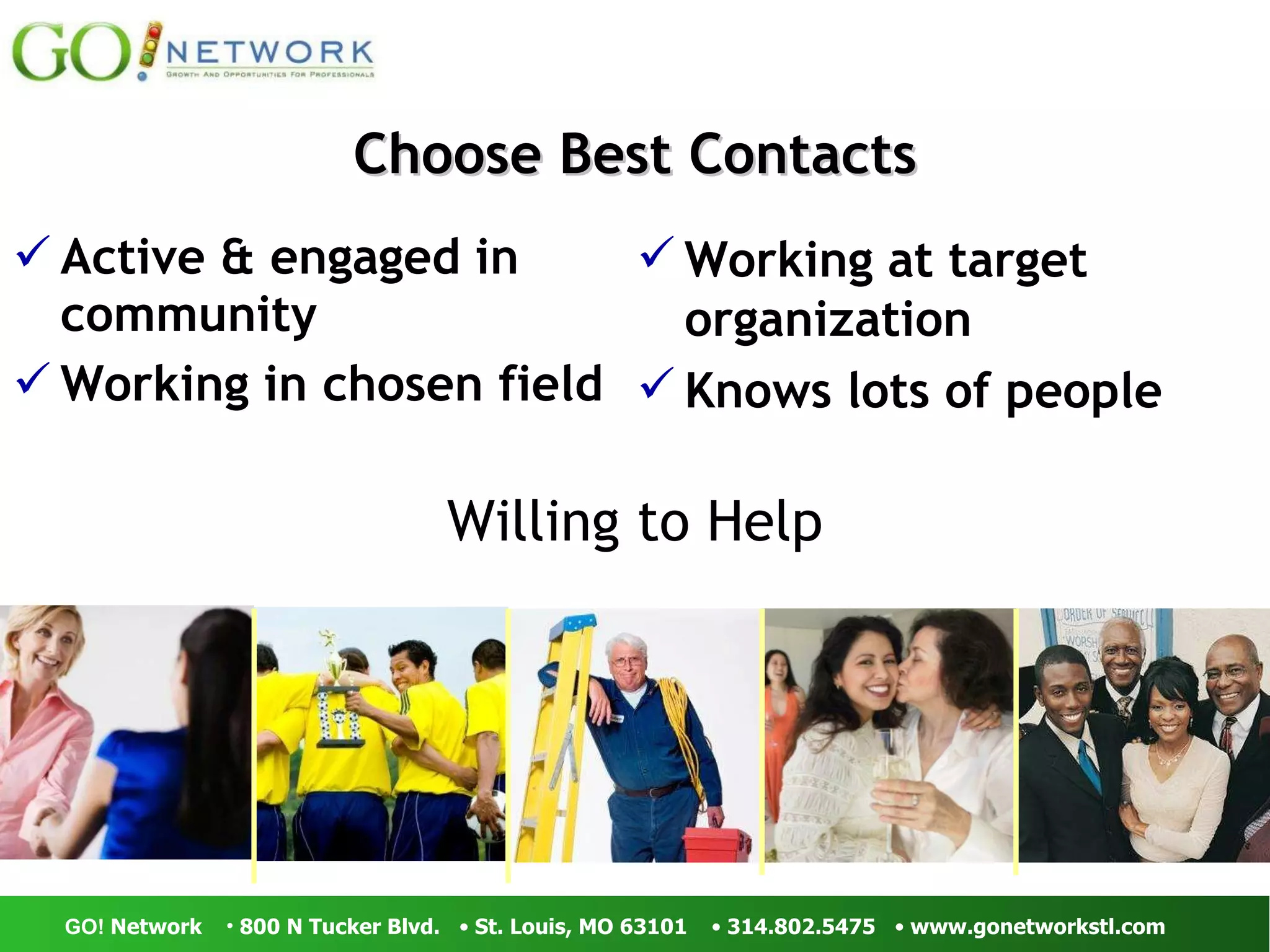 Choose Best Contacts Active & engaged in community Working in chosen field Willing to Help Working at target organization Knows lots of people 
