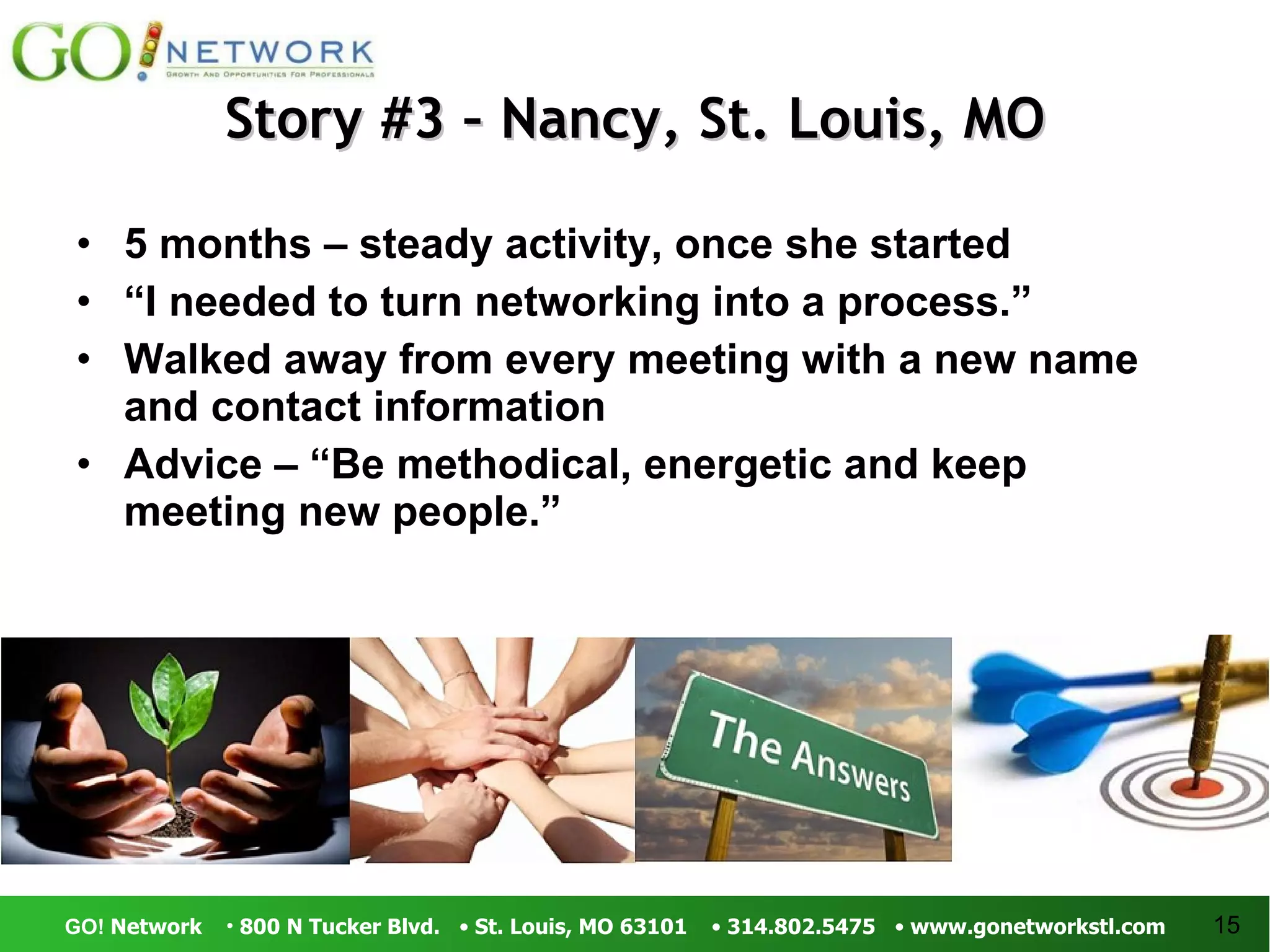 Story #3 – Nancy, St. Louis, MO 5 months – steady activity, once she started “ I needed to turn networking into a process.” Walked away from every meeting with a new name and contact information Advice – “Be methodical, energetic and keep meeting new people.” 
