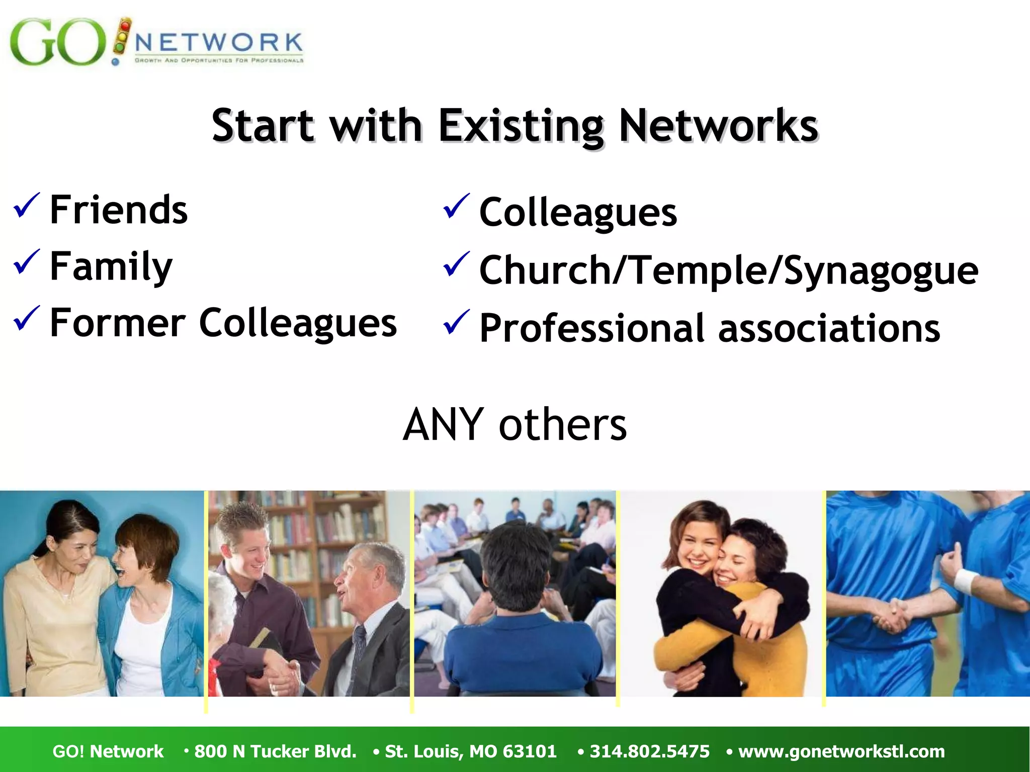Start with Existing Networks Friends Family Former Colleagues ANY others Colleagues Church/Temple/Synagogue Professional associations 