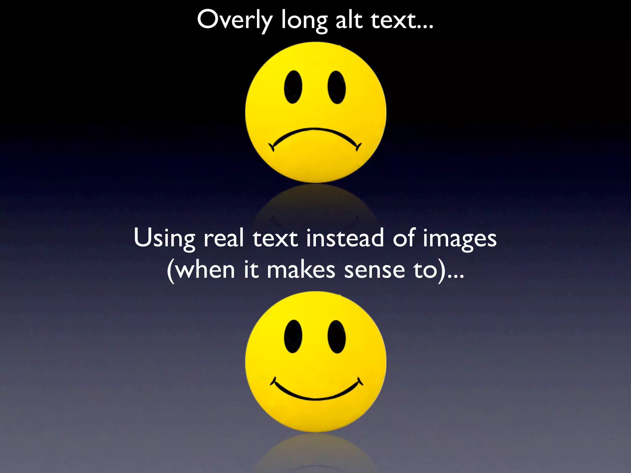 Overly long alt text...




Using real text instead of images
  (when it makes sense to)...
 