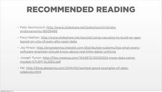 RECOMMENDED READING
•

•

Paco Nathan: http://www.slideshare.net/pacoid/using-cascalog-to-build-an-appbased-on-city-of-palo-alto-open-data

•

Jay Kreps: http://engineering.linkedin.com/distributed-systems/log-what-everysoftware-engineer-should-know-about-real-time-datas-unifying

•

Joseph Turian: http://ﬁles.meetup.com/1542972/20120202-more-data-samemodels-STUDY-SLIDES.pdf

•

Wednesday, February 12, 14

Pete Skomoroch: http://www.slideshare.net/pskomoroch/strataendorsements-16939466

Me: http://blog.abegong.com/2014/02/wanted-good-examples-of-datasidekicks.html

 
