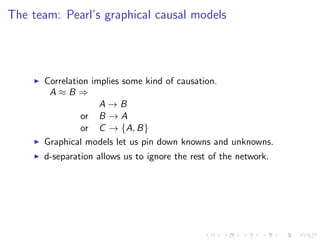 The team: Pearl’s graphical causal models




      Correlation implies some kind of causation.
       A≈B⇒
                    A→B
               or B → A
               or C → {A, B}
      Graphical models let us pin down knowns and unknowns.
      d-separation allows us to ignore the rest of the network.
 