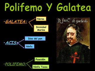 Polifemo Y Galatea GALATEA: ACIS: POLIFEMO: Nereo Divinidad Marina Dios del pan Ninfa Poseidón Ninfa Toosa 