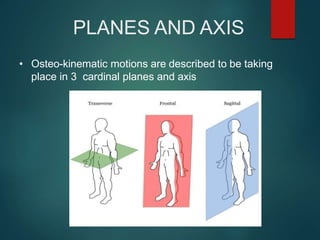 PLANES AND AXIS
• Osteo-kinematic motions are described to be taking
place in 3 cardinal planes and axis
 