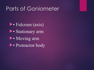 Parts of Goniometer
• Fulcrum (axis)
• Stationary arm
• Moving arm
• Protractor body
 