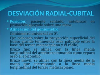 DESVIACIÓN RADIAL-CUBITAL
 Posición: paciente sentado, antebrazo en
pronación apoyado sobre una mesa.
 Alineación del goniómetro:
Goniómetro universal en 0°.
Eje: colocado sobre la proyección superficial del
hueso grande (eminencia ósea palpable entre la
base del tercer metacarpiano y el radio).
Brazo fijo: se alinea con la línea media
longitudinal del antebrazo tomando como reparo
óseo el epicóndilo.
Brazo móvil: se alinea con la línea media de la
mano que corresponde a la línea media
longitudinal del tercer metacarpiano.
 