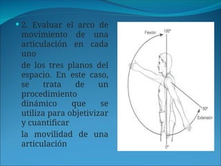  2. Evaluar el arco de
movimiento de una
articulación en cada
uno
de los tres planos del
espacio. En este caso,
se trata de un
procedimiento
dinámico que se
utiliza para objetivizar
y cuantificar
la movilidad de una
articulación
 