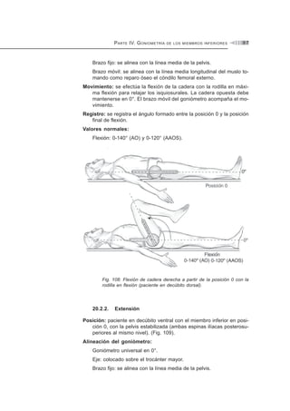 PARTE IV. GONIOMETRÍA DE LOS MIEMBROS INFERIORES 9 7
Brazo fijo: se alinea con la línea media de la pelvis.
Brazo móvil: se alinea con la línea media longitudinal del muslo to-
mando como reparo óseo el cóndilo femoral externo.
Movimiento: se efectúa la flexión de la cadera con la rodilla en máxi-
ma flexión para relajar los isquiosurales. La cadera opuesta debe
mantenerse en 0°. El brazo móvil del goniómetro acompaña el mo-
vimiento.
Registro: se registra el ángulo formado entre la posición 0 y la posición
final de flexión.
Valores normales:
Flexión: 0-140° (AO) y 0-120° (AAOS).
Fig. 108: Flexión de cadera derecha a partir de la posición 0 con la
rodilla en flexión (paciente en decúbito dorsal).
20.2.2. Extensión
Posición: paciente en decúbito ventral con el miembro inferior en posi-
ción 0, con la pelvis estabilizada (ambas espinas ilíacas posterosu-
periores al mismo nivel). (Fig. 109).
Alineación del goniómetro:
Goniómetro universal en 0°.
Eje: colocado sobre el trocánter mayor.
Brazo fijo: se alinea con la línea media de la pelvis.
 
