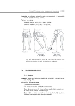 PARTE IV. GONIOMETRÍA DE LOS MIEMBROS INFERIORES 9 9
Registro: se registra el ángulo formado entre la posición 0 y la posición
final de rotación interna y externa.
Valores normales:
Rotación externa: 0-50° (AO) y 0-45° (AAOS).
Rotación interna: 0-40° (AO) y 0-45° (AAOS).
Fig. 110: Rotación externa-interna de cadera derecha a partir de la
posición 0 (paciente sentado con las piernas colgando).
21. Goniometría de la rodilla
21.1. Flexión
Posición: paciente en decúbito dorsal con el miembro inferior en posi-
ción 0. (Fig. 111).
Alineación del goniómetro:
Goniómetro universal en 0°.
Eje: colocado sobre el cóndilo femoral externo.
Brazo fijo: se alinea con la línea media longitudinal del muslo toman-
do como reparo óseo el trocánter mayor.
Brazo móvil: se alinea con la línea media longitudinal de la pierna
tomando como reparo óseo el maléolo externo.
 