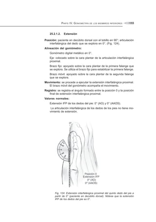 PARTE IV. GONIOMETRÍA DE LOS MIEMBROS INFERIORES 113
25.2.1.2. Extensión
Posición: paciente en decúbito dorsal con el tobillo en 90°; articulación
interfalángica del dedo que se explora en 0°. (Fig. 124).
Alineación del goniómetro:
Goniómetro digital metálico en 0°.
Eje: colocado sobre la cara plantar de la articulación interfalángica
proximal.
Brazo fijo: apoyado sobre la cara plantar de la primera falange que
se explora. Se utiliza el brazo fijo para estabilizar la primera falange.
Brazo móvil: apoyado sobre la cara plantar de la segunda falange
que se explora.
Movimiento: se procede a ejecutar la extensión interfalángica proximal.
El brazo móvil del goniómetro acompaña el movimiento.
Registro: se registra el ángulo formado entre la posición 0 y la posición
final de extensión interfalángica proximal.
Valores normales:
Extensión IFP de los dedos del pie: 0° (AO) y 0° (AAOS).
La articulación interfalángica de los dedos de los pies no tiene mo-
vimiento de extensión.
Fig. 124: Extensión interfalángica proximal del quinto dedo del pie a
partir de 0° (paciente en decúbito dorsal). Nótese que la extensión
IFP de los dedos del pie es 0°.
 