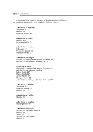 GONIOMETRÍA28
A continuación, a modo de ejemplo, se detallan algunas posiciones
de artrodesis, que pueden variar según los distintos autores.
Artrodesis de hombro:
Abducción: 40°
Flexión: 20°
Rotación interna: 30°
Artrodesis de codo:
Flexión: 110°
Pronosupinación: 0°
Artrodesis de muñeca:
Extensión: 10°
Desviación cubital: 10°
Pronosupinación: 0°
Artrodesis del pulgar:
Articulación metacarpofalángica en flexión de 20°
Articulación interfalángica en flexión de 20°
Dedos de la mano:
Articulación metacarpofalángica en flexión de 30°
Articulación interfalángica proximal
Índice: flexión 20°
Mayor: flexión 30°
Anular: flexión 40°
Meñique: flexión 50°
Articulación interfalángica distal en flexión de 20°
Artrodesis de cadera:
Abducción: 0°
Rotación externa: 20°
Flexión: 20°
Artrodesis de rodilla:
Flexión: 20°
Artrodesis de tobillo:
Flexión plantar: 10°
Artrodesis del hallux:
Articulación metatarsofalángica
Flexión: 30°
Valgo: 10°
Articulación interfalángica
Flexión: 0°
 