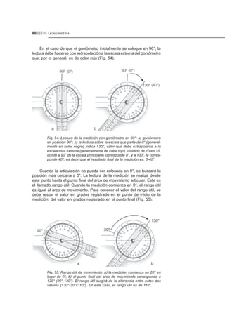 GONIOMETRÍA46
En el caso de que el goniómetro inicialmente se coloque en 90°, la
lectura debe hacerse con extrapolación a la escala externa del goniómetro
que, por lo general, es de color rojo (Fig. 54).
Fig. 54: Lectura de la medición con goniómetro en 90°: a) goniómetro
en posición 90°; b) la lectura sobre la escala que parte de 0° (general-
mente en color negro) indica 130°, valor que debe extrapolarse a la
escala más externa (generalmente de color rojo), dividida de 10 en 10,
donde a 90° de la escala principal le corresponde 0°, y a 130°, le corres-
ponde 40°, es decir que el resultado final de la medición es: 0-40°.
Cuando la articulación no pueda ser colocada en 0°, se buscará la
posición más cercana a 0°. La lectura de la medición se realiza desde
este punto hasta el punto final del arco de movimiento articular. Este es
el llamado rango útil. Cuando la medición comienza en 0°, el rango útil
es igual al arco de movimiento. Para conocer el valor del rango útil, se
debe restar el valor en grados registrado en el punto de inicio de la
medición, del valor en grados registrado en el punto final (Fig. 55).
Fig. 55: Rango útil de movimiento: a) la medición comienza en 20° en
lugar de 0°; b) el punto final del arco de movimiento corresponde a
130° (20°-130°). El rango útil surgirá de la diferencia entre estos dos
valores (130°-20°=110°). En este caso, el rango útil es de 110°.
 