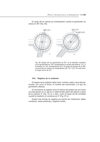 PARTE I. INTRODUCCIÓN A LA GONIOMETRÍA 47
El rango útil se calcula por extrapolación cuando el goniómetro se
coloca en 90° (Fig. 56).
Fig. 56: Rango útil con goniómetro en 90°: a) la medición comienza
con el goniómetro en 100° (extrapolación a escala roja externa: 10°), y
b) finaliza en 130° (extrapolación 40°). El rango útil surgirá de la dife-
rencia entre los valores de extrapolación (40°-10°= 30°). En este caso,
el rango útil es de 30°.
10.8. Registro de la medición
El registro de la medición debe incluir: nombre, edad y sexo del exa-
minado, así como la fecha, el nombre del examinador y el tipo de
goniómetro utilizado.
El movimiento se registra como el máximo de grados que se mueve
una articulación en un eje de un determinado plano del espacio a partir
de la posición 0° (Fig. 57 a), o bien, como el rango útil de movilidad
cuando la medición no comienza en 0° (Fig. 57 b).
Existen tres formas de registrar por escrito las mediciones: tablas
numéricas, cartas pictóricas y registros mixtos.
 
