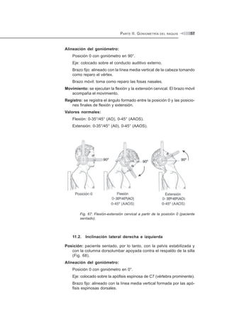 PARTE II. GONIOMETRÍA DEL RAQUIS 57
Alineación del goniómetro:
Posición 0 con goniómetro en 90°.
Eje: colocado sobre el conducto auditivo externo.
Brazo fijo: alineado con la línea media vertical de la cabeza tomando
como reparo el vértex.
Brazo móvil: toma como reparo las fosas nasales.
Movimiento: se ejecutan la flexión y la extensión cervical. El brazo móvil
acompaña el movimiento.
Registro: se registra el ángulo formado entre la posición 0 y las posicio-
nes finales de flexión y extensión.
Valores normales:
Flexión: 0-35°/45° (AO), 0-45° (AAOS).
Extensión: 0-35°/45° (A0), 0-45° (AAOS).
Fig. 67: Flexión-extensión cervical a partir de la posición 0 (paciente
sentado).
11.2. Inclinación lateral derecha e izquierda
Posición: paciente sentado, por lo tanto, con la pelvis estabilizada y
con la columna dorsolumbar apoyada contra el respaldo de la silla
(Fig. 68).
Alineación del goniómetro:
Posición 0 con goniómetro en 0°.
Eje: colocado sobre la apófisis espinosa de C7 (vértebra prominente).
Brazo fijo: alineado con la línea media vertical formada por las apó-
fisis espinosas dorsales.
 
