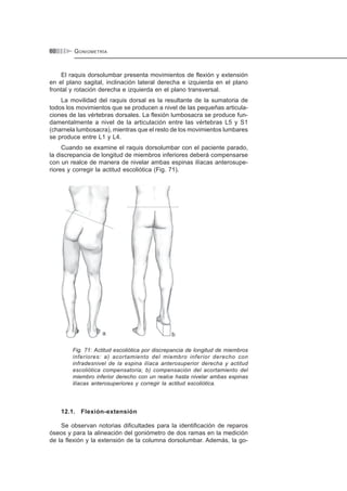 GONIOMETRÍA60
El raquis dorsolumbar presenta movimientos de flexión y extensión
en el plano sagital, inclinación lateral derecha e izquierda en el plano
frontal y rotación derecha e izquierda en el plano transversal.
La movilidad del raquis dorsal es la resultante de la sumatoria de
todos los movimientos que se producen a nivel de las pequeñas articula-
ciones de las vértebras dorsales. La flexión lumbosacra se produce fun-
damentalmente a nivel de la articulación entre las vértebras L5 y S1
(charnela lumbosacra), mientras que el resto de los movimientos lumbares
se produce entre L1 y L4.
Cuando se examine el raquis dorsolumbar con el paciente parado,
la discrepancia de longitud de miembros inferiores deberá compensarse
con un realce de manera de nivelar ambas espinas ilíacas anterosupe-
riores y corregir la actitud escoliótica (Fig. 71).
Fig. 71: Actitud escoliótica por discrepancia de longitud de miembros
inferiores: a) acortamiento del miembro inferior derecho con
infradesnivel de la espina ilíaca anterosuperior derecha y actitud
escoliótica compensatoria; b) compensación del acortamiento del
miembro inferior derecho con un realce hasta nivelar ambas espinas
ilíacas anterosuperiores y corregir la actitud escoliótica.
12.1. Flexión-extensión
Se observan notorias dificultades para la identificación de reparos
óseos y para la alineación del goniómetro de dos ramas en la medición
de la flexión y la extensión de la columna dorsolumbar. Además, la go-
 