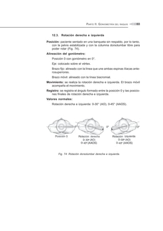 PARTE II. GONIOMETRÍA DEL RAQUIS 63
12.3. Rotación derecha e izquierda
Posición: paciente sentado en una banqueta sin respaldo, por lo tanto,
con la pelvis estabilizada y con la columna dorsolumbar libre para
poder rotar (Fig. 74).
Alineación del goniómetro:
Posición 0 con goniómetro en 0°.
Eje: colocado sobre el vértex.
Brazo fijo: alineado con la línea que une ambas espinas ilíacas ante-
rosuperiores.
Brazo móvil: alineado con la línea biacromial.
Movimiento: se realiza la rotación derecha e izquierda. El brazo móvil
acompaña el movimiento.
Registro: se registra el ángulo formado entre la posición 0 y las posicio-
nes finales de rotación derecha e izquierda.
Valores normales:
Rotación derecha e izquierda: 0-30° (AO), 0-45° (AAOS).
Fig. 74: Rotación dorsolumbar derecha e izquierda.
 