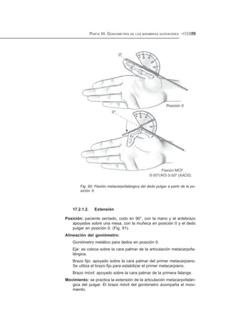 PARTE III. GONIOMETRÍA DE LOS MIEMBROS SUPERIORES 79
Fig. 90: Flexión metacarpofalángica del dedo pulgar a partir de la po-
sición 0.
17.2.1.2. Extensión
Posición: paciente sentado, codo en 90°, con la mano y el antebrazo
apoyados sobre una mesa, con la muñeca en posición 0 y el dedo
pulgar en posición 0. (Fig. 91).
Alineación del goniómetro:
Goniómetro metálico para dedos en posición 0.
Eje: se coloca sobre la cara palmar de la articulación metacarpofa-
lángica.
Brazo fijo: apoyado sobre la cara palmar del primer metacarpiano.
Se utiliza el brazo fijo para estabilizar el primer metacarpiano.
Brazo móvil: apoyado sobre la cara palmar de la primera falange.
Movimiento: se practica la extensión de la articulación metacarpofalán-
gica del pulgar. El brazo móvil del goniómetro acompaña el movi-
miento.
 