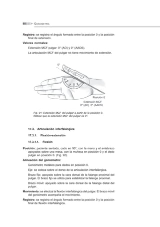 GONIOMETRÍA80
Registro: se registra el ángulo formado entre la posición 0 y la posición
final de extensión.
Valores normales:
Extensión MCF pulgar: 0° (AO) y 0° (AAOS).
La articulación MCF del pulgar no tiene movimiento de extensión.
Fig. 91: Extensión MCF del pulgar a partir de la posición 0.
Nótese que la extensión MCF del pulgar es 0°.
17.3. Articulación interfalángica
17.3.1. Flexión-extensión
17.3.1.1. Flexión
Posición: paciente sentado, codo en 90°, con la mano y el antebrazo
apoyados sobre una mesa, con la muñeca en posición 0 y el dedo
pulgar en posición 0. (Fig. 92).
Alineación del goniómetro:
Goniómetro metálico para dedos en posición 0.
Eje: se coloca sobre el dorso de la articulación interfalángica.
Brazo fijo: apoyado sobre la cara dorsal de la falange proximal del
pulgar. El brazo fijo se utiliza para estabilizar la falange proximal.
Brazo móvil: apoyado sobre la cara dorsal de la falange distal del
pulgar.
Movimiento: se efectúa la flexión interfalángica del pulgar. El brazo móvil
del goniómetro acompaña el movimiento.
Registro: se registra el ángulo formado entre la posición 0 y la posición
final de flexión interfalángica.
 