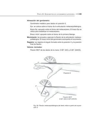 PARTE III. GONIOMETRÍA DE LOS MIEMBROS SUPERIORES 83
Alineación del goniómetro:
Goniómetro metálico para dedos en posición 0.
Eje: se coloca sobre el dorso de la articulación metacarpofalángica.
Brazo fijo: apoyado sobre el dorso del metacarpiano. El brazo fijo se
utiliza para estabilizar el metacarpiano.
Brazo móvil: apoyado sobre el dorso de la primera falange.
Movimiento: se procede a ejecutar la flexión de la articulación metacar-
pofalángica. El brazo móvil del goniómetro acompaña el movimiento.
Registro: se registra el ángulo formado entre la posición 0 y la posición
final de flexión.
Valores normales:
Flexión MCF de los dedos de la mano: 0-90° (AO) y 0-90° (AAOS).
Fig. 94: Flexión metacarpofalángica del dedo índice a partir de la posi-
ción 0.
 