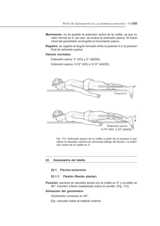 P ARTE IV. G ONIOMETRÍA

DE LOS MIEMBROS INFERIORES

101

Movimiento: no es posible la extensión activa de la rodilla, ya que su
valor normal es 0; por eso, se evalúa la extensión pasiva. El brazo
móvil del goniómetro acompaña el movimiento pasivo.
Registro: se registra el ángulo formado entre la posición 0 y la posición
final de extensión pasiva.
Valores normales:
Extensión activa: 0° (AO) y 0° (AAOS).
Extensión pasiva: 0-10° (AO) y 0-10° (AAOS).

Fig. 112: Extensión pasiva de la rodilla a partir de la posición 0 (paciente en decúbito ventral con almohada debajo del muslo). La extensión activa de la rodilla es 0°.

22.

Goniometría del tobillo

22.1. Flexión-extensión
22.1.1.

Flexión (flexión plantar)

Posición: paciente en decúbito dorsal con la rodilla en 0° y el tobillo en
90°; miembro inferior estabilizado sobre la camilla. (Fig. 113).
Alineación del goniómetro:
Goniómetro universal en 90°.
Eje: colocado sobre el maléolo externo.

 
