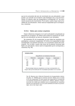 P ARTE I. I NTRODUCCIÓN

A LA

G ONIOMETRÍA

53

que se ha convenido del arco de movimiento de una articulación y que
puede o no coincidir con el máximo valor fisiológico de su arco de movimiento. El máximo valor de incapacidad le corresponde a 0° de movimiento (ausencia de movimiento). Por lo tanto, cuanto mayor sea la movilidad de una articulación, menor será la incapacidad que le corresponda y viceversa.

10.10.2. Tablas para evaluar anquilosis
Hacen referencia al ángulo en el cual la articulación anquilosada se
encuentra en el espacio. Se utilizan para evaluar la ausencia de movilidad de una articulación ya sea por anquilosis o por artrodesis.
No presentan 0% de incapacidad, ya que todas las anquilosis son
patológicas y producen incapacidad. El mínimo de incapacidad le debe
corresponder a la posición funcional y no a la posición neutra de la articulación. Por lo tanto, cuanto más cerca de la posición funcional esté
fijada una articulación, menor será la incapacidad que le corresponda y
viceversa (Fig. 64).

Fig. 64: Baremo de la Tabla de Evaluación de Incapacidades Laborales (Dec. N.° 659/96) para la columna cervical. Nótese que no existe
el 0% de incapacidad. El menor grado de incapacidad le corresponde
a la posición funcional de la columna (0°). Nótese, además, la leyenda al pie de la tabla que establece que la incapacidad por anquilosis
total de una articulación no es la suma aritmética de todos los porcentajes, sino el de mayor valor.

 