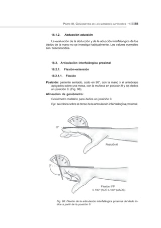 P ARTE III. G ONIOMETRÍA

18.1.2.

DE LOS MIEMBROS SUPERIORES

85

Abducción-aducción

La evaluación de la abducción y de la aducción interfalángica de los
dedos de la mano no se investiga habitualmente. Los valores normales
son desconocidos.

18.2. Articulación interfalángica proximal
18.2.1.
18.2.1.1.

Flexión-extensión
Flexión

Posición: paciente sentado, codo en 90°, con la mano y el antebrazo
apoyados sobre una mesa, con la muñeca en posición 0 y los dedos
en posición 0. (Fig. 96).
Alineación de goniómetro:
Goniómetro metálico para dedos en posición 0.
Eje: se coloca sobre el dorso de la articulación interfalángica proximal.

Fig. 96: Flexión de la articulación interfalángica proximal del dedo índice a partir de la posición 0.

 