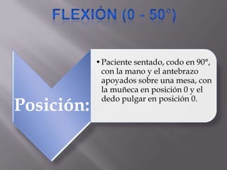 Posición:
•Paciente sentado, codo en 90°,
con la mano y el antebrazo
apoyados sobre una mesa, con
la muñeca en posición 0 y el
dedo pulgar en posición 0.
 