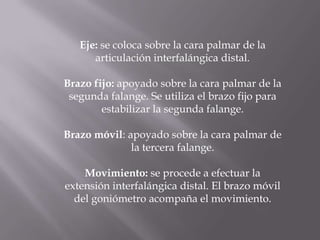 Eje: se coloca sobre la cara palmar de la
articulación interfalángica distal.
Brazo fijo: apoyado sobre la cara palmar de la
segunda falange. Se utiliza el brazo fijo para
estabilizar la segunda falange.
Brazo móvil: apoyado sobre la cara palmar de
la tercera falange.
Movimiento: se procede a efectuar la
extensión interfalángica distal. El brazo móvil
del goniómetro acompaña el movimiento.
 
