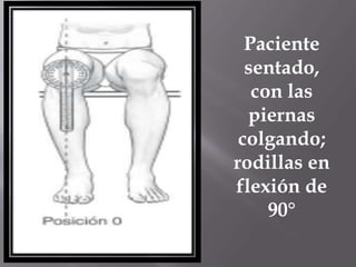 Paciente
sentado,
con las
piernas
colgando;
rodillas en
flexión de
90°
 