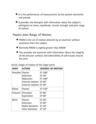  It is the performance of measurement by the patient voluntarily
and actively
 It provides the therapist with information about the subject’s
willingness to move, coordinate, muscle strength and joint range
of motion.
Passive Joint Range of Motion:
 PROM is the arc of motion attained by an examiner without
assistance from the subject
 Normally PROM is slightly greater than AROM
 This provides the examiner with information about the integrity
of the articular surfaces and extensibility of soft tissues around
the joint
Active ranges of motion of the larger joints
JOINT ACTION DEGREES OF MOTION
Shoulder Flexion
Extension
Abduction
Internal rotation
External rotation
0°-180°
0°-40°
0°-180°
0°-80°
0°-90°
Elbow Flexion 0°-150°
Forearm Pronation
Supination
0°-80°
0°-80°
Wrist Flexion
Extension
Radial deviation
Ulnar deviation
0°-60°
0°-60°
0°-20°
0°-30°
 