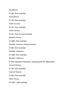 Dorsiflexion
0°-20°; firm end-feel
Plantarflexion
0°-50°; firm end-feel
Ankle Inversion
0°-35°; firm end-feel
Ankle Eversion
0°-15°; firm or hard end-feel
Shoulder Flexion
0°-180°; firm end-feel
Shoulder Extension (Hyperextension)
0°-60°; firm end-feel
Shoulder Abduction
0°-180°; firm end-feel
Shoulder Adduction
0° (not typically measured; starting point for abduction)
Internal Rotation
0°-70°; firm end-feel
External Rotation
0°-90°; firm end-feel
Elbow Flexion
0°-150°°; Soft end-feel
 