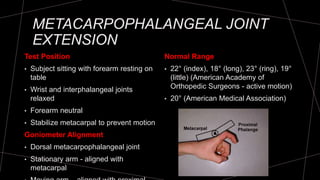 METACARPOPHALANGEAL JOINT
EXTENSION
Test Position
• Subject sitting with forearm resting on
table
• Wrist and interphalangeal joints
relaxed
• Forearm neutral
• Stabilize metacarpal to prevent motion
Goniometer Alignment
• Dorsal metacarpophalangeal joint
• Stationary arm - aligned with
metacarpal
Normal Range
• 22° (index), 18° (long), 23° (ring), 19°
(little) (American Academy of
Orthopedic Surgeons - active motion)
• 20° (American Medical Association)
 