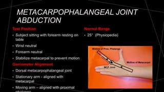 METACARPOPHALANGEAL JOINT
ABDUCTION
Test Position
• Subject sitting with forearm resting on
table
• Wrist neutral
• Forearm neutral
• Stabilize metacarpal to prevent motion
Goniometer Alignment
• Dorsal metacarpophalangeal joint
• Stationary arm - aligned with
metacarpal
• Moving arm – aligned with proximal
Normal Range
• 25° (Physiopedia)
 