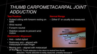 THUMB CARPOMETACARPAL JOINT
ADDUCTION
Test Position
• Subject sitting with forearm resting on
table
• Wrist neutral
• Forearm neutral
• Stabilize carpals to prevent wrist
motion
Goniometer Alignment
• Axis - radial styloid
• Stationary arm - aligned with
metacarpal of index finger
• Moving arm – aligned with metacarpal
of thumb
Normal Range
• Either 0° or usually not measured.
NOTE: Thumb adduction is the return to neutral from thumb
abduction. Thumb adduction is rarely measured, probably because it
 