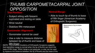 THUMB CARPOMETACARPAL JOINT
OPPOSITION
Test Position
• Subject sitting with forearm
supinated and resting on table
• Wrist neutral
• Stabilize fifth metacarpal
Goniometer Alignment
• Goniometer cannot be used
• Use a ruler to measure distance
between tip of thumb and base of
fifth finger
Normal Range
• Able to touch tip of thumb to base
of fifth finger (American Academy
of Orthopedic Surgeons)
NOTE: The American Academy of Orthopedic Surgeons suggests
that opposition range is normal when the tip of thumb can touch the
base of fifth finger. When range is not adequate, a ruler can be used
to measure the distance between the tip of thumb and the base of the
 