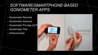 SOFTWARE/SMARTPHONE-BASED
GONIOMETER APPS
• Goniometer Records
• Goniometro Advance
• Goniometer Pro App (G-Pro)
• Goniometer Plus
• DrGoniometer
 