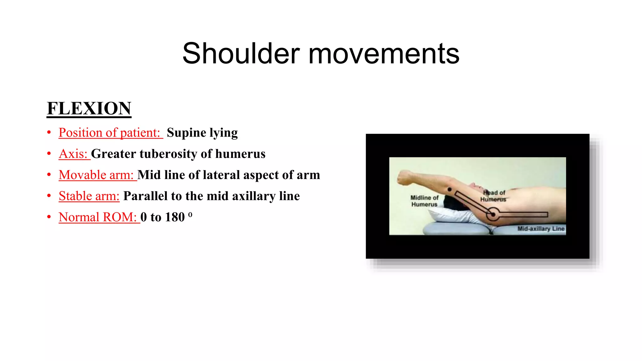 Shoulder movements
FLEXION
• Position of patient: Supine lying
• Axis: Greater tuberosity of humerus
• Movable arm: Mid line of lateral aspect of arm
• Stable arm: Parallel to the mid axillary line
• Normal ROM: 0 to 180 ⁰
 