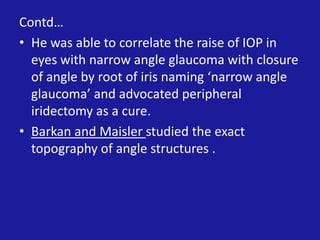 Contd…
• He was able to correlate the raise of IOP in
eyes with narrow angle glaucoma with closure
of angle by root of iris naming ‘narrow angle
glaucoma’ and advocated peripheral
iridectomy as a cure.
• Barkan and Maisler studied the exact
topography of angle structures .

 