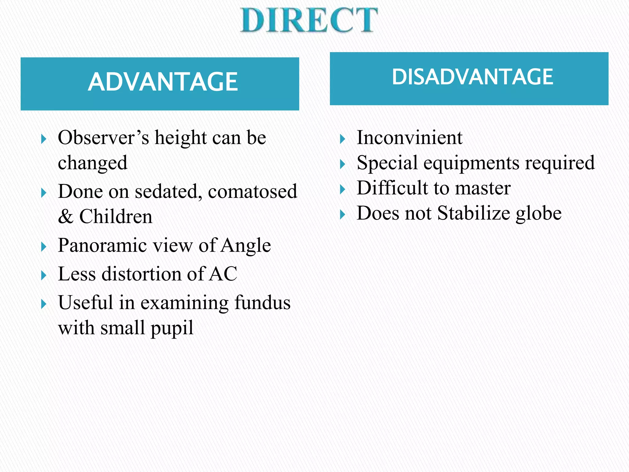 ADVANTAGE DISADVANTAGE
 Observer’s height can be
changed
 Done on sedated, comatosed
& Children
 Panoramic view of Angle
 Less distortion of AC
 Useful in examining fundus
with small pupil
 Inconvinient
 Special equipments required
 Difficult to master
 Does not Stabilize globe
 