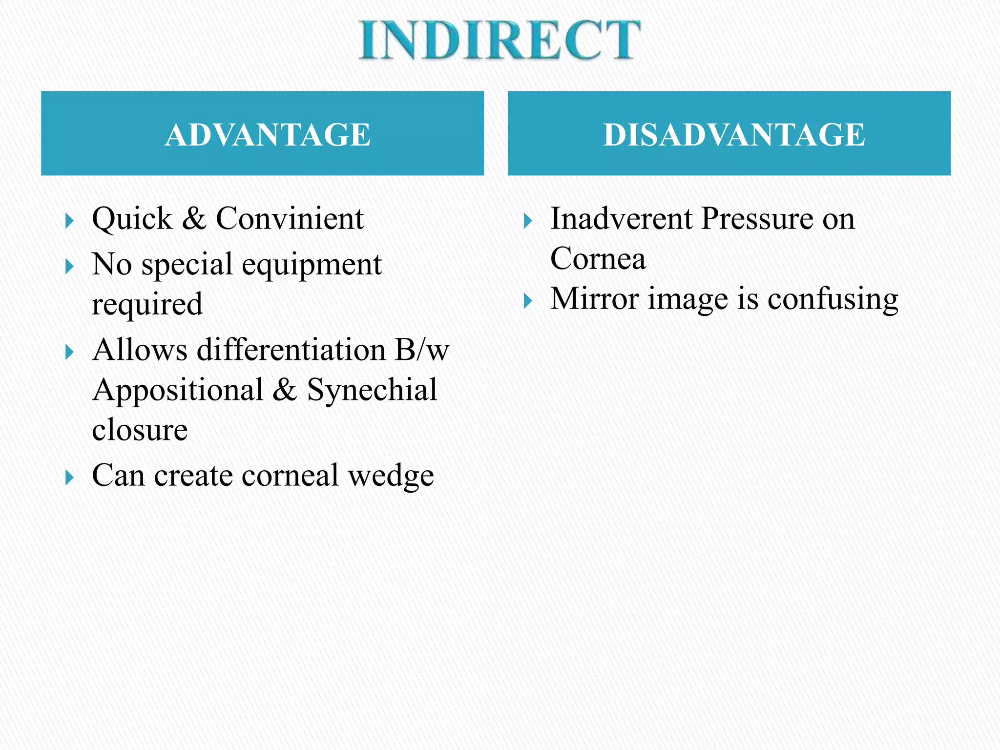 ADVANTAGE DISADVANTAGE
 Quick & Convinient
 No special equipment
required
 Allows differentiation B/w
Appositional & Synechial
closure
 Can create corneal wedge
 Inadverent Pressure on
Cornea
 Mirror image is confusing
 