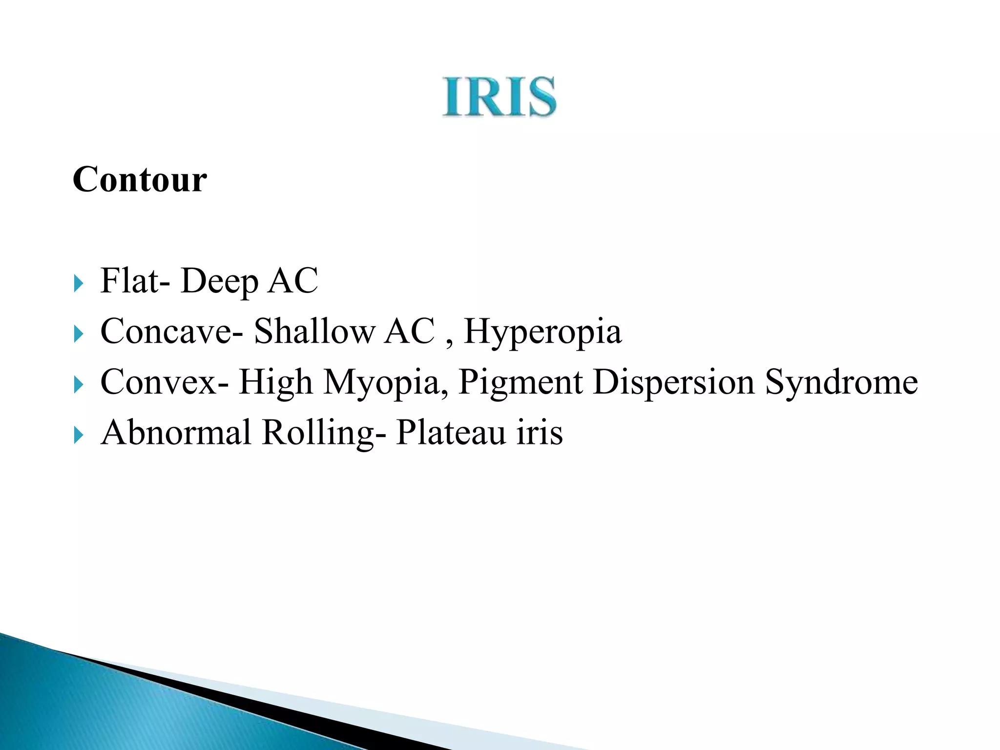 Contour
 Flat- Deep AC
 Concave- Shallow AC , Hyperopia
 Convex- High Myopia, Pigment Dispersion Syndrome
 Abnormal Rolling- Plateau iris
 