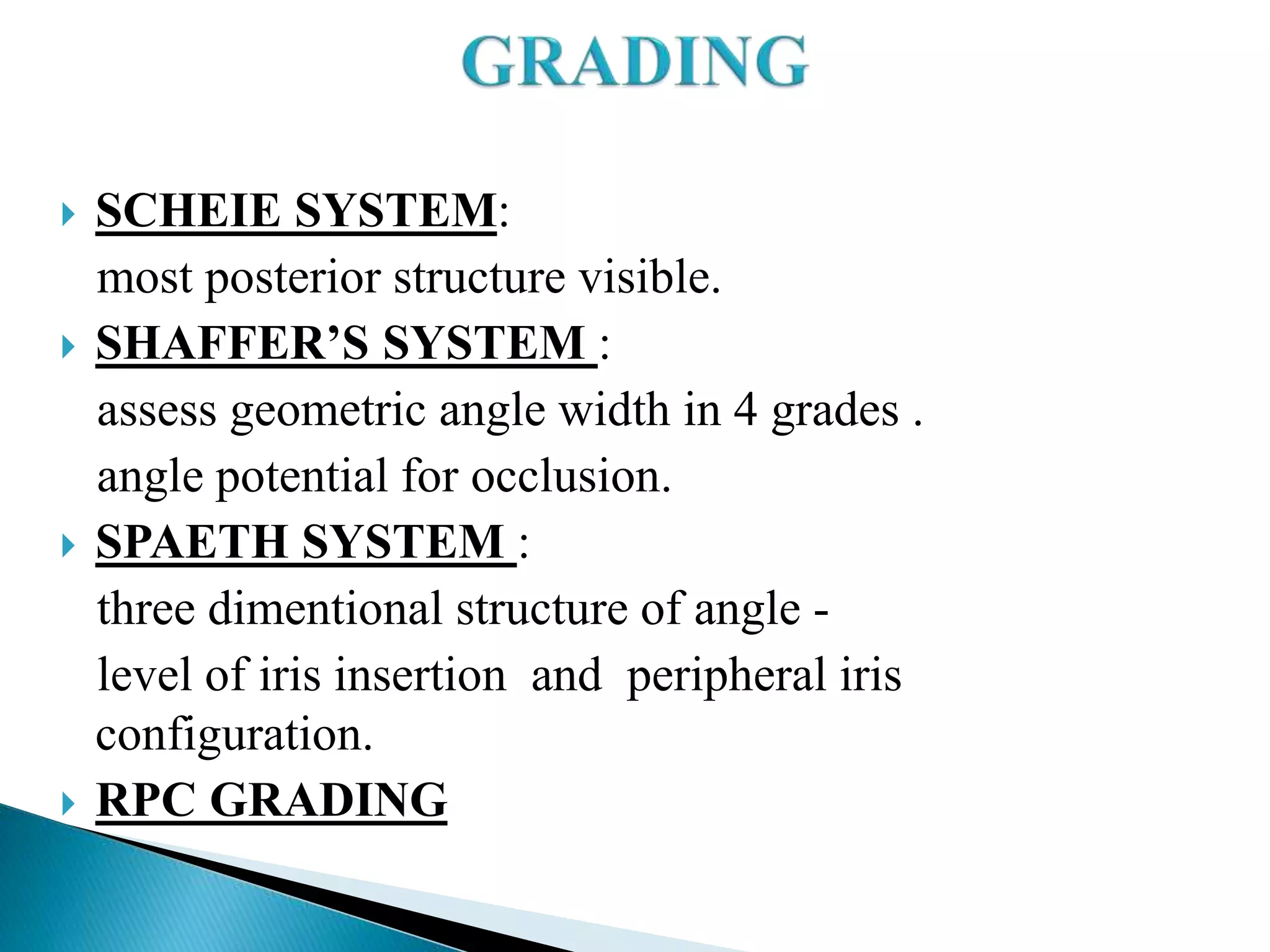  SCHEIE SYSTEM:
most posterior structure visible.
 SHAFFER’S SYSTEM :
assess geometric angle width in 4 grades .
angle potential for occlusion.
 SPAETH SYSTEM :
three dimentional structure of angle -
level of iris insertion and peripheral iris
configuration.
 RPC GRADING
 