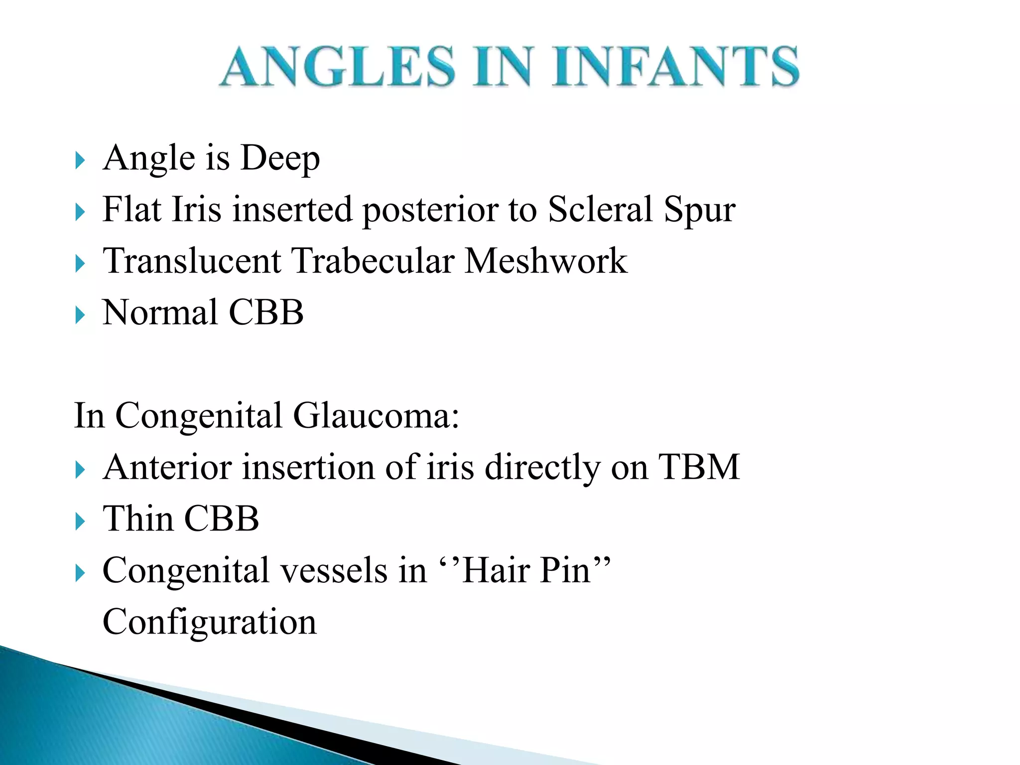  Angle is Deep
 Flat Iris inserted posterior to Scleral Spur
 Translucent Trabecular Meshwork
 Normal CBB
In Congenital Glaucoma:
 Anterior insertion of iris directly on TBM
 Thin CBB
 Congenital vessels in ‘’Hair Pin’’
Configuration
 