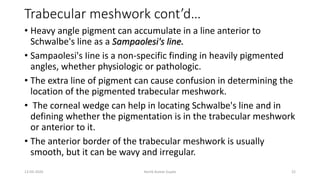 Trabecular meshwork cont’d…
• Heavy angle pigment can accumulate in a line anterior to
Schwalbe's line as a Sampaolesi's line.
• Sampaolesi's Iine is a non-specific finding in heavily pigmented
angles, whether physiologic or pathologic.
• The extra line of pigment can cause confusion in determining the
location of the pigmented trabecular meshwork.
• The corneal wedge can help in locating Schwalbe's line and in
defining whether the pigmentation is in the trabecular meshwork
or anterior to it.
• The anterior border of the trabecular meshwork is usually
smooth, but it can be wavy and irregular.
13-03-2020 Kartik Kumar Gupta 22
 