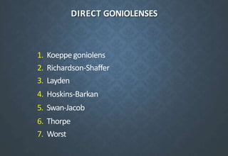 DIRECT GONIOLENSES
1. Koeppegoniolens
2. Richardson-Shaffer
3. Layden
4. Hoskins-Barkan
5. Swan-Jacob
6. Thorpe
7. Worst
 