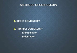 METHODS OFGONIOSCOPY
1. DIRECT GONIOSCOPY
2. INDIRECT GONIOSCOPY
- Manipulation
- Indentation
 