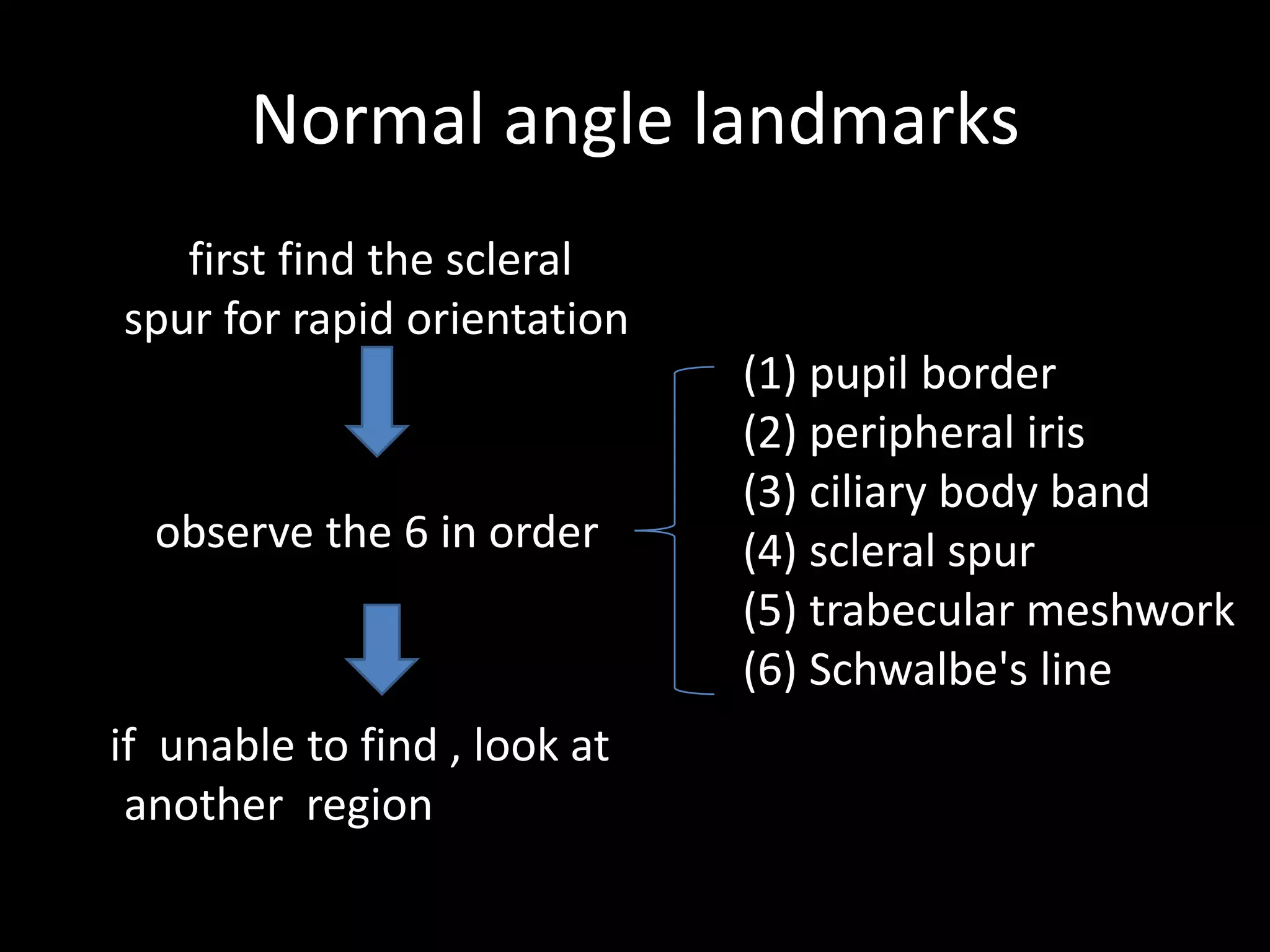 Normal angle landmarks
   first find the scleral
spur for rapid orientation
                              (1) pupil border
                              (2) peripheral iris
                              (3) ciliary body band
  observe the 6 in order      (4) scleral spur
                              (5) trabecular meshwork
                              (6) Schwalbe's line
if unable to find , look at
 another region
 
