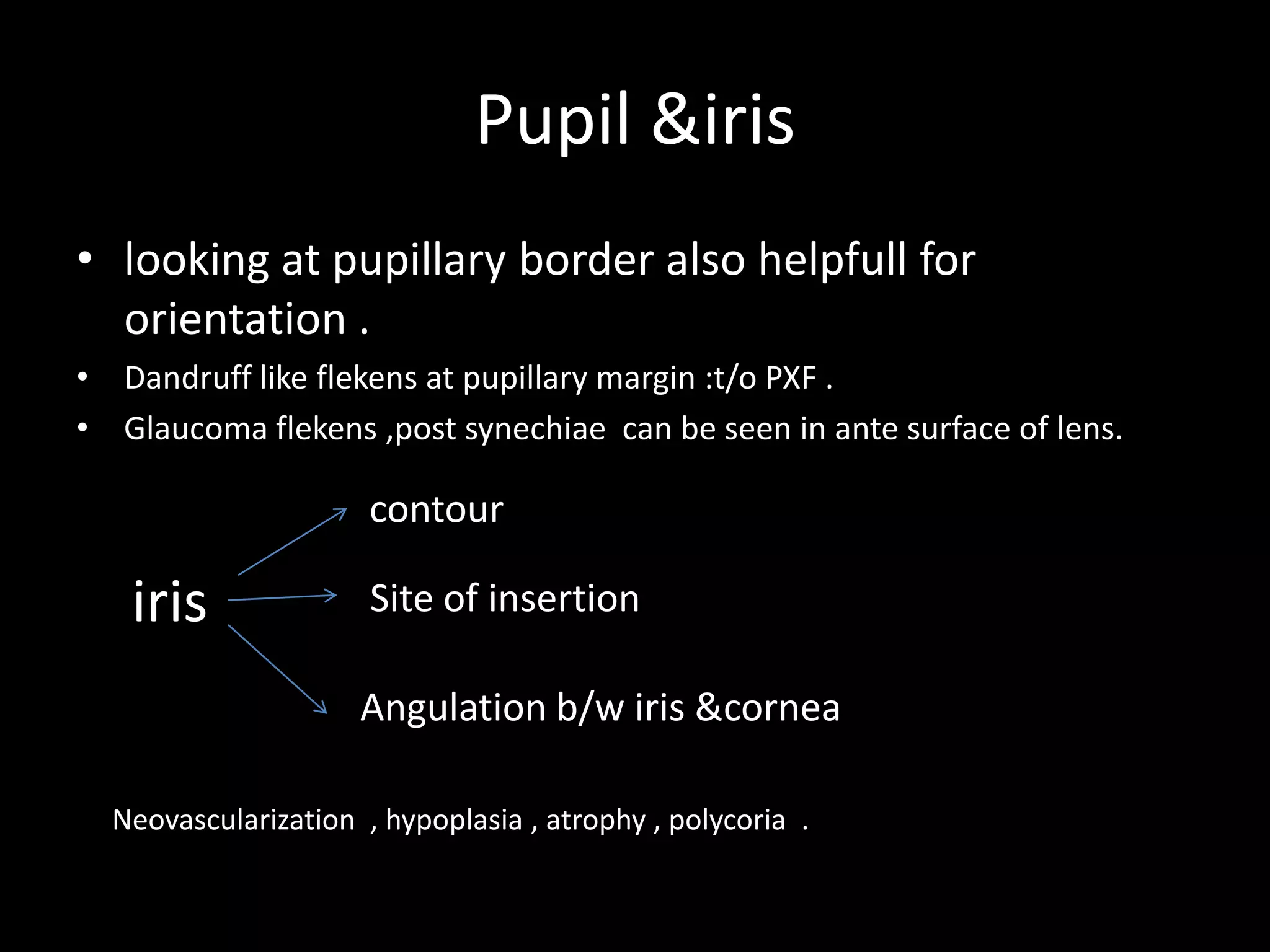 Pupil &iris
• looking at pupillary border also helpfull for
  orientation .
• Dandruff like flekens at pupillary margin :t/o PXF .
• Glaucoma flekens ,post synechiae can be seen in ante surface of lens.

                      contour

   iris               Site of insertion

                     Angulation b/w iris &cornea

  Neovascularization , hypoplasia , atrophy , polycoria .
 